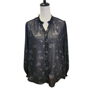 Democracy Paisley Sheer Blouse XL Black Button Front Long Sleeve